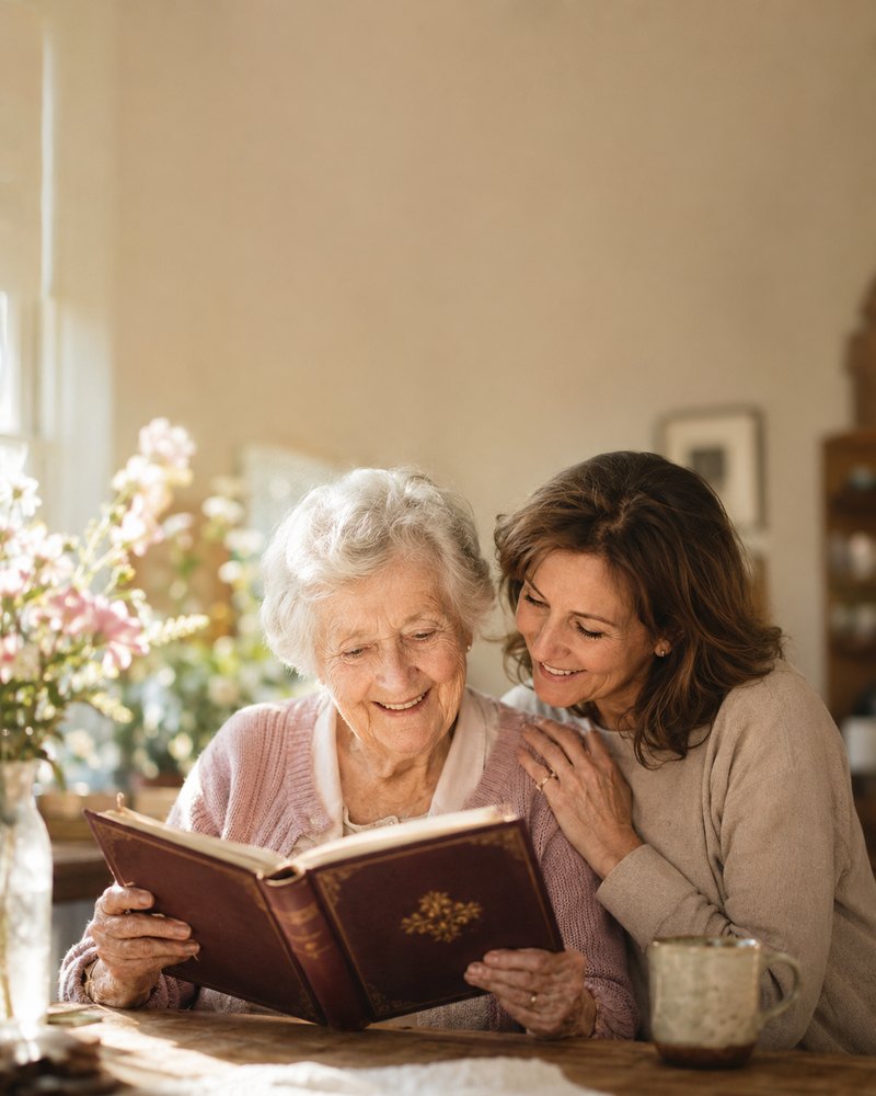 A mother and daughter reading their personalized book together at a sunlit table